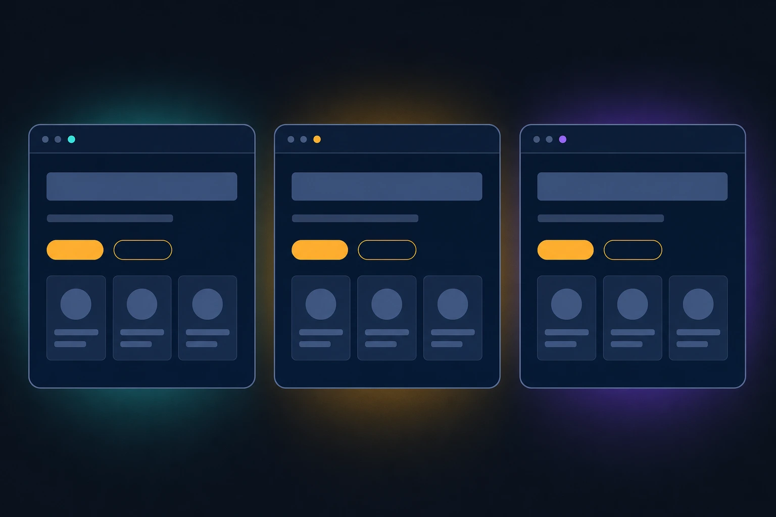 Three browser windows side by side containing identical wireframe layouts, on a dark background